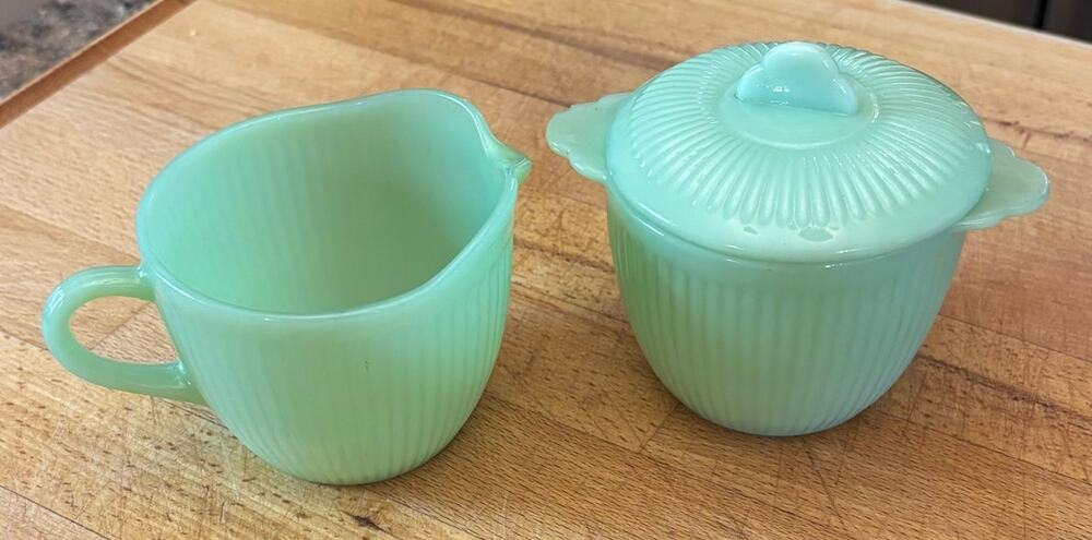 Vintage 1950s Fire King Jadeite Jane Ray Creamer and Covered Sugar Bowl Set